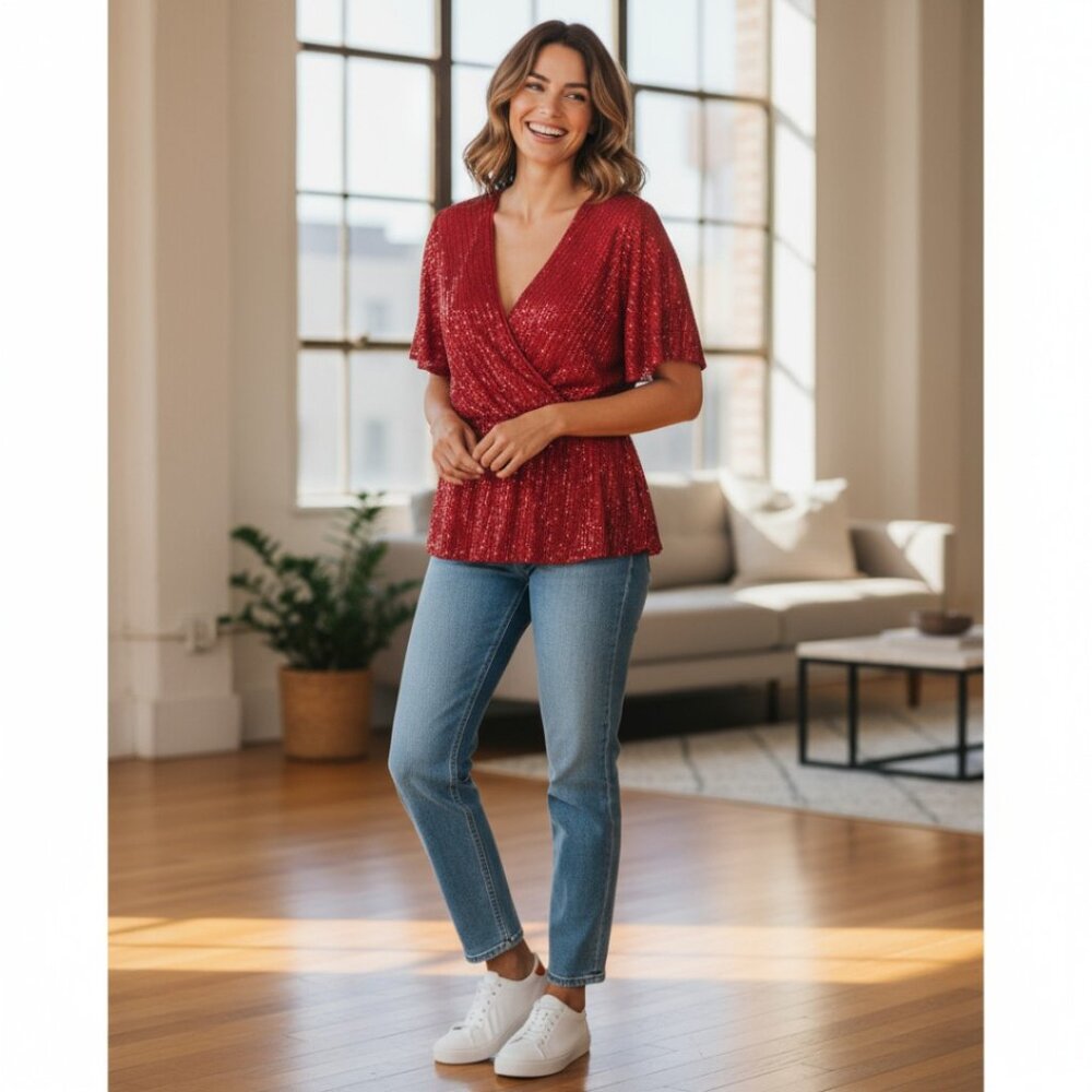 DESIGNER GRACE KARIN RED SEQUINS SHORT SLEEVE PEPLUM BLOUSE SIZE 2 X LARGE